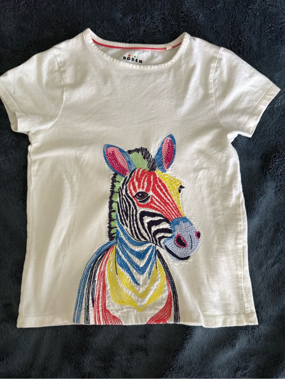 Mini Boden White Tee with Colorful Zebra Graphic appliqué